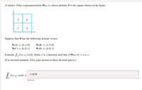 A surface S has a parametrization 0(u, v), whose domain D is the square shown in the figure.
Suppose that O has the following normal vectors
N(A) = (4, 1,0)
N(C) = (6,0, 1)
N(B) = (1,5,0)
N(D) = (4,0, 1)
Estimate . f(x, y, z) dS, where f is a function such that f(@(u, v)) = u + v.
(Use decimal notation. Give your answer to three decimal places.)
I.
3.1878
f(x, y, z) dS z
Incorrect
