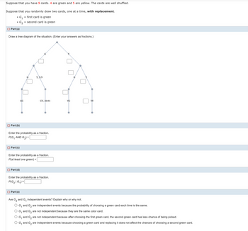 Suppose that you have 9 cards. 4 are green and 5 are yellow. The cards are well shuffled.
Suppose that you randomly draw two cards, one at a time, with replacement.
Part (a)
G₁ = first card is green
= second card is green
Draw a tree diagram of the situation. (Enter your answers as fractions.)
G
Y, 5/9
GG
GY, 20/81
YG
YY
Part (b)
Enter the probability as a fraction.
P(G₁ AND G₂) =
□ Part (c)
Enter the probability as a fraction.
P(at least one green) =
Part (d)
Enter the probability as a fraction.
P(G₂ | G₁)=
□ Part (e)
Are G2 and G₁ independent events? Explain why or why not.
OG₁ and G₂ are independent events because the probability of choosing a green card each time is the same.
G₁ and G₂ are not independent because they are the same color card.
O G₁ and G2 are not independent because after choosing the first green card, the second green card has less chance of being picked.
O G₁ and G2 are independent events because choosing a green card and replacing it does not affect the chances of choosing a second green card.