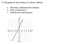 7) The graph of a liner function, f, is shown. Identify:
a. The slope, y-intercept and x-intercept
b. Write a formula for f.
с.
Find the zero of the function.
10아
8-
6-
47
10 -8 -6 -4 2 0
2 4 6 8 10
2-
41
-8-
10
9 00
6.
