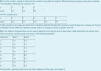 B.1) Let the random variable X represent the number of cars that are used for official business purposes on any given workday.
The probability distribution for company A is
1
PA(X)
0.3
0.4
03
and for company B is
1
2
3
4
PB(x)
b.2
0.1
0.3
0.3
0.1
If daily records of car usage are examined on randomly selected 36 days from company A and 40 days from company B, find the
probability that the difference between sample means of company A and B is greater than 0.6.
B.2) Two different analytical tests can be used to determine the impurity level in steel alloys. Eight specimens are tested using
both procedures, and the results are shown in the following tabulation.
Specimen
Test-1
Test-2
1
1.2
1.4
1.3
1.7
3
1.5
1.5
4
1.4
1.3
1.7
2.0
6
1.8
2.1
7
1.4
1.7
8
1.3
1.6
Find the 95% confidence interval for the mean difference of the tests, and explain it.
