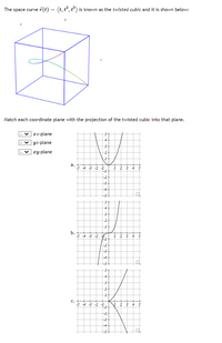 The space curve r(t)
(t, t, t) is known as the twisted cubic and it is shown below:
Match each coordinate plane with the projection of the twisted cubic into that plane.
|cz-plane
] yz-plane
| xy-plane
a.
-5 -4 -3 -2
-2
-3
-4
-5+
4
Б.
-5 -4 -3 -2
--
-2
4
c.
-5 -4 -3 -2 -
-2
-4
