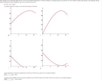 The manager of an employee health plan for a firm has studied the balance 8, in millions of dollars, in the plan account as a function of t, the number of years since the plan was instituted. He has
determined that the account balance is given by the following formula.
B = 70+ 10r - 30e.
(a)
Make a graph of B versus t over the first 16 years of the plan.
B
50
40
Cr
30
20
10
t
B
80
60
40
20
B
80
60
40
20
5
5
10
10
15
15
t
B
80
60
40
20
5
5
(b) At what time is the account balance at its maximum? (Round your answer to two decimal places.)
8.73
x years
10
10
15
15
t
(c) What is the smallest value of the account balance over the first 16 years of the plan? (Round your answer to two decimal places.)
40.00
million dollars