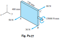 720 mm
80 N
480 mm
y
15000 N-mm
50 N
B
30 N
Fig. P2.77
