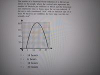 The results of a bacterial blood infection of a lab rat are
shown in the graph, where the vertical axis represents the
number of bacteria per milliliter of blood and the horizontal
axis represents time in hours since the rat was infected. If
the rat is only considered "sick" with an infection rate of at
least 30 bacteria per milliliter, for how long was this rat
actually sick?
80-
60
40-
20
10 15 20
O a
14 hours
O b
6 hours
18 hours
22 hours
