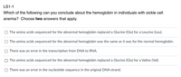 LS1-1
Which of the following can you conclude about the hemoglobin in individuals with sickle cell
anemia? Choose two answers that apply.
O The amino acids sequenced for the abnormal hemoglobin replaced a Glucine (Glu) for a Leucine (Leu).
The amino acids sequenced for the abnormal hemoglobin was the same as it was for the normal hemoglobin.
There was an error in the transcription from DNA to RNA.
O The amino acids sequenced for the abnormal hemoglobin replaced a Glucine (Glu) for a Valine (Val).
There was an error in the nucleotide sequence in the original DNA strand.
