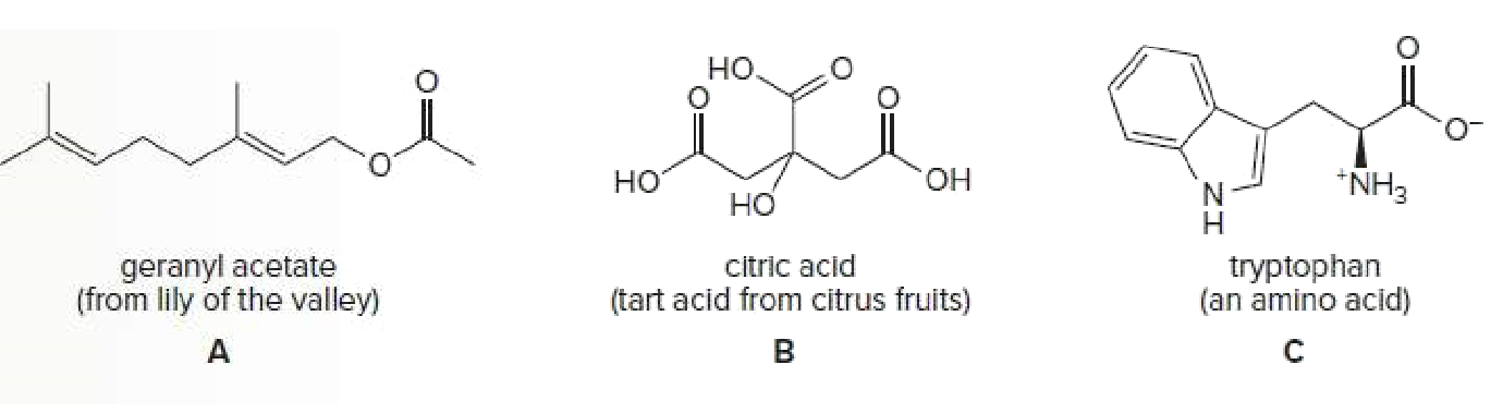 но.
но
Он
*NH3
но
geranyl acetate
(from lily of the valley)
tryptophan
(an amino acid)
citric acid
(tart acid from citrus fruits)
