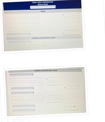 :
CARLA VISTA CORPORATION
Balance Sheet
Assets
Liabilities and Stockholders' Equity
Liabilities and Stockholders' Equity