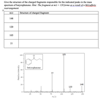 Give the structure of the charged fragments responsible for the indicated peaks in the mass
spectrum of butyrophenone. Hint: The fragment at m/z =
120 forms as a result of a McLafferty
rearrangement
m/z
Structure of charged fragment
148
120
105
77
100
105
80
butyrophenone
60
77
40
20
148
120
25
50
75
100
125
150
m/z
Relative Intensity
