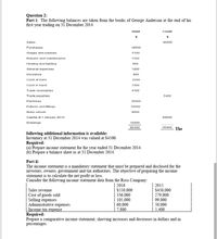 Question 2:
Part i: The following balances are taken from the books of George Anderson at the end of his
first year trading on 31 December 2014.
Debit
Credit
%24
Sales
40000
Purchases
18500
Wages and salaries
5100
Repairs and maintenance
1300
Heating and lighting
900
General expenses
1200
Insurance
800
Cash at bank
2200
Cash in hand
1300
Trade receivables
4100
Trade payables
3400
Premises
30000
Fixtures and fttings
10000
Motor vehicle
8000
Capital at 1 January 2014
52000
Drawings
12000
95400
95400 The
following additional information is available:
Inventory at 31 December 2014 was valued at $4500.
Required:
(a) Prepare income statement for the year ended 31 December 2014.
(b) Prepare a balance sheet as at 31 December 2014.
Part ii:
The income statement is a mandatory statement that must be prepared and disclosed for the
investors, owners, government and tax authorities. The objective of preparing the income
statement is to calculate the net profit or loss.
Consider the following income statement data from the Ross Company:
| 2016
| $550,000
336,000
105,000
60,000
2015
$450,000
279,000
99,000
50,000
5,400
Sales revenue
Cost of goods sold
Selling expenses
Administrative expenses
Income tax expense
Required:
Prepare a comparative income statement, showing increases and decreases in dollars and in
percentages.
7,800
