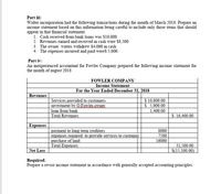 Part iii:
Walter incorporation had the following transactions during the month of March 2018. Prepare an
income statement based on this information being careful to include only those items that should
appear in that financial statement.
1. Cash received from bank loans was $10,000
2. Revenues earned and received in cash were $8,500
3. The owner waters withdrew $4,000 in cash
4. The expenses incurred and paid were$ 5,000.
Part iv:
An inexperienced accountant for Fowler Company prepared the following income statement for
the month of august 2018
FOWLER COMPANY
Income Statement
For the Year Ended December 31, 2018
Revenues
Services provided to customers
investment by Q Fowler owner
$ 10,000.00
$ 5,000.00
loan from bank
1,400.00
Total Revenues:
$ 16,400.00
Expenses
payment to long term creditors
expenses required to provide services to customer
purchase of land
Total Expenses:
8000
7500
16000
Net Loss
31,500.00
$(15,100.00)
Required:
Prepare a revise income statement in accordance with generally accepted accounting principles.
