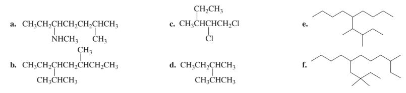 CH,CH;
c. CH;CHCHCH,CI
a. CH;CH,CHCH,CH,CHCH;
NHCH; CH3
ČI
CH3
b. СН,СH-CHCH-CHCH,CH3
CH;CHCH3
d. CH;CH,CHCH;z
f.
CH,CНCH
