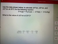 Question 3 of 9
Use the data shown below, to calculate AH°rxn, AS°rxn, and
AG°xn at 25°C for the following reaction:
3 H2(g) + FeżO3(s) → 2 Fe(s) + 3 H2O(g)
What is the value of AG°rxn at 25°C?
1
4
Sebstance
HOlg)
-241.8
Fels)
*24.2
87.40
130.7
2728
7.
| +/-
