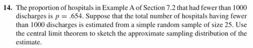 14. The proportion of hospitals in Example A of Section 7.2 that had fewer than 1000
discharges is p = .654. Suppose that the total number of hospitals having fewer
than 1000 discharges is estimated from a simple random sample of size 25. Use
the central limit theorem to sketch the approximate sampling distribution of the
estimate.
