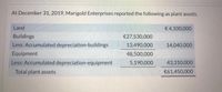 At December 31, 2019, Marigold Enterprises reported the following as plant assets.
Land
€4,100,000
Buildings
€27,530,000
Less: Accumulated depreciation-buildings
13,490,000
14,040,000
Equipment
48,500,000
Less: Accumulated depreciation-equipment
5,190,000
43,310,000
Total plant assets
€61,450,000
