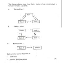 The diagrams below show three Markov chains, where arrows indicate a
non-zero transition probability.
A
Markov Chain 1
State 1
State 2
State 3
B
Markov Chain 2
State 1.
State 2
State 3
State 4
Markov Chain 3
State 1
State 2
State whether each of the chains is:
irreducible
[3]
periodic, giving the period.
