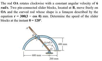 The rod OA rotates clockwise with a constant angular velocity of 6
rad/s. Two pin-connected slider blocks, located at B, move freely on
OA and the curved rod whose shape is a limaçon described by the
cos 0) mm. Determine the speed of the slider
equation r = 300(3
300(3
blocks at the instant 0 = 120°.
B
6 rad/s
400 mm
600 mm
200 mm