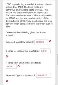 LEGO is producing a new brick set and plan on
selling it for $120. The fixed costs are
$500,000 and variable costs are $80. This
results in a break even point of 12500 sets.
The mean number of sets sold is anticipated to
be 15000 and the standard deviation of the
distribution is 5000. They also believe the loss
per unit when sales are below the break even is
$50.
Determine the following given the above
scenario.
Expected Monetary Value: $ 300000
D value for unit normal loss table: 0.810
N value from unit normal loss table:
0.118
Expected Opportunity Loss: $ 54638.05
