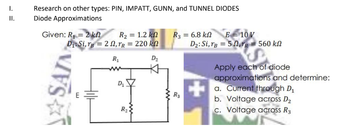 I.
II.
Research on other types: PIN, IMPATT, GUNN, and TUNNEL DIODES
Diode Approximations
R2 = 1.2 kΩ
D₁ Si, rg 2 02, TR = 220 k
R₁
D₂
Given: R₁ = 2 k
MIES
E
D₁
吁
R₂
ww
R3 = 6.8 kΩ E 10 V
R3
D₂: Si, TB = 50,TR = 560 k
Apply each of diode
approximations and determine:
a. Current through D₁
b. Voltage across D₂
c. Voltage across R3