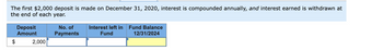 The first $2,000 deposit is made on December 31, 2020, interest is compounded annually, and interest earned is withdrawn at
the end of each year.
$
Deposit
Amount
2,000
No. of
Payments
Interest left in Fund Balance
Fund
12/31/2024