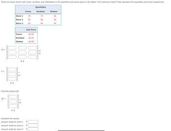 Three ice cream stores sold cones, sundaes, and milkshakes in the quantities and prices given in the tables. Find matrices Q and P that represent the quantities and prices respectively.
Ơ
||
P =
000 000
QP
Store 1
Store 2
Store 3
Find the product QP.
Cones
↓↑
Cones
$2.00
Sundaes $2.25
Shakes
$4.00
Unit Price
Interpret the results.
amount made by store 1
amount made by store 2 $
amount made by store 3
75
82
64
पण
tA
Quantities
Sundaes
75
69
40
Shakes
36
25
30