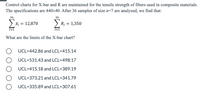 Control charts for X-bar and R are maintained for the tensile strength of fibers used in composite materials.
The specifications are 440+40. After 36 samples of size n=7 are analyzed, we find that:
36
36
X¡ = 12,870
Ri
= 1,350
i=1
What are the limits of the X-bar chart?
UCL=442.86 and LCL=415.14
UCL=531.43 and LCL=498.17
UCL=415.18 and LCL=389.19
UCL=373.21 and LCL=341.79
UCL=335.89 and LCL=307.61
