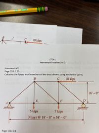 C1216
30GAO
B
10 kips
ET241
Homework Problem Set 2
Homework #2:
Page 109: 5.29
Calculate the forces in all members of the truss shown, using method of joints.
В
C
10 kips
16'-0"
E
5 kips
7 kips
3 bays @ 18'-0" = 54'- 0"
Page 136: 6.9
