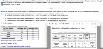 A traffic safety company publishes reports about motorcycle fatalities and helmet use. In the first accompanying data table, the distribution shows the proportion of fatalities by location of injury for
motorcycle accidents. The second data table shows the location of injury and fatalities for 2061 riders not wearing a helmet. Complete parts (a) and (b) below.
Click the icon to view the tables.
(a) Does the distribution of fatal injuries for riders not wearing a helmet follow the distribution for all riders? Use α = 0.05 level of significance. What are the null and alternative hypotheses?
O A. Ho: The distribution of fatal injuries for riders not wearing a helmet follows the same distribution for all other riders.
H₁: The distribution of fatal injuries for riders not wearing a helmet does not follow the same distribution for all other riders.
B. Ho: The distribution of fatal injuries for riders not wearing a helmet does not follow the same distribution for all other riders.
H₁: The distribution of fatal injuries for riders not wearing a helmet does follow the same distribution for all other riders.
C. None of these.
Compute the expected counts for each fatal injury.
Location of injury
Multiple Locations
Observed Count
1030
868
37
81
45
Head
Neck
Thorax
Abdomen/Lumbar/Spine
(Round to two decimal places as needed.)
What is the P-value of the test?
Expected Count
P-value= (Round to three decimal places as needed.)
Screen Shot 2023-... Ⓡ
Distribution of fatalities by location of injury
Location of
injury
Proportion
Proportion of fatalities by location of injury for motorcycle accidents
Abdomen/
Multiple
Lumbar/
locations
0.570
Spine
0.030
Head
Location of
injury
Number
0.310
Head
Neck
868
0.030
M
Location of injury and fatalities for 2061 riders not wearing a helmet
Multiple
locations
1030
Thorax
0.060
Neck
37
Thorax
81
I
Full data set
Abdomen/
Lumbar/
Spine
45