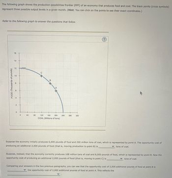 The following graph shows the production possibilities frontier (PPF) of an economy that produces food and coal. The black points (cross symbols)
represent three possible output levels in a given month. (Hint: You can click on the points to see their exact coordinates.)
Refer to the following graph to answer the questions that follow.
FOOD (Thousands of pounds)
3
16
A
14
12
10
8
2
0
0
PPF
40
80
C
B
+
120
160 200
COAL (Millions of tons)
240 280
320
?
Suppose the economy initially produces 6,000 pounds of food and 200 million tons of coal, which is represented by point A. The opportunity cost of
producing an additional 2,000 pounds of food (that is, moving production to point B) is
tons of coal.
Suppose, instead, that the economy currently produces 168 million tons of coal and 8,000 pounds of food, which is represented by point B. Now the
opportunity cost of producing an additional 2,000 pounds of food (that is, moving to point C) is
tons of coal.
Comparing your answers in the two previous paragraphs, you can see that the opportunity cost of 2,000 additional pounds of food at point B is
the opportunity cost of 2,000 additional pounds of food at point A. This reflects the