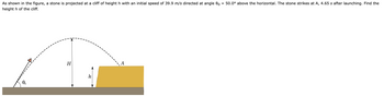 As shown in the figure, a stone is projected at a cliff of height h with an initial speed of 39.9 m/s directed at angle 00 = 50.0° above the horizontal. The stone strikes at A, 4.65 s after launching. Find the
height h of the cliff.
H
A
Өо
h