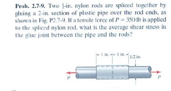 Prob. 2.7-9. Two -in. nylon rods are spliced together by
gluing a 2-in. section of plastic pipe over the rod ends, as
shown in Fig. P2.7-9. If a tensile force of P= 350 lb is applied
to the spliced nylon rod, what is the average shear stress in
the glue joint between the pipe and the rods?
-1 in.1 in.-
1/2 in.