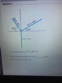 Quèstion 3
A (A = 44.0)
56.0
28.0
CIC=31.0)
Let resultant vector be R =(24)-B.
The x-component of resultant vector is
Hint: calculate Ry=2Ax-Bx
units,
B (B 26.5)
