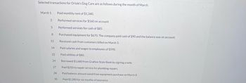 Selected transactions for Oriole's Dog Care are as follows during the month of March.
March 1
3
5
8
12
14
22
24
27
28
Paid monthly rent of $1,340.
Performed services for $160 on account.
Performed services for cash of $85.
Purchased equipment for $670. The company paid cash of $90 and the balance was on account.
Received cash from customers billed on March 3.
Paid salaries and wages to employees of $590.
Paid utilities of $80.
Borrowed $1,680 from Grafton State Bank by signing a note.
Paid $250 to repair service for plumbing repairs.
Paid balance amount owed from equipment purchase on March 8.
Paid $2,280 for six months of insurance.
30