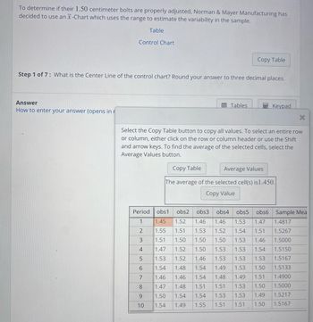 To determine if their 1.50 centimeter bolts are properly adjusted, Norman & Mayer Manufacturing has
decided to use an X-Chart which uses the range to estimate the variability in the sample.
Table
Control Chart
Answer
How to enter your answer (opens in r
Step 1 of 7: What is the Center Line of the control chart? Round your answer to three decimal places.
Period
1
2
3
4
5
6
Copy Table
Tables
Select the Copy Table button to copy all values. To select an entire row
or column, either click on the row or column header or use the Shift
and arrow keys. To find the average of the selected cells, select the
Average Values button.
ON
obs1 obs2
1.45 1.52
1.55 1.51
1.51 1.50
1.50 1.53 1.46
1.53 1.52 1.54 1.51
1.50
1.50
1.52 1.46
1.47 1.52
1.53 1.53 1.54
1.53
1.53 1.53 1.53
1.54
1.48
1.54
1.49 1.53 1.50
7 1.46
1.46
1.54
1.48
1.49 1.51
8 1.47
1.48 1.51 1.51 1.53 1.50
9
1.50
1.54
1.54
1.53
1.53
1.49
10
1.54 1.49
1.55
1.51 1.51 1.50
Keypad
Copy Table
Average Values
The average of the selected cell(s) is 1.450.
Copy Value
obs3 obs4 obs5 obs6 Sample Mea
1.46 1.46 1.53 1.47 1.4817
1.5267
1.5000
1.5150
1.5167
1.5133
1.4900
1.5000
1.5217
1.5167