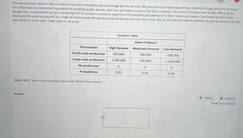 The new business venture, Best-In-World, has been manufacturing technology devices for over 20 years and is considering adding a new technology device to its music
line. They have an established reputation for building quality devices, but they are rather novice in the music industry. The Chief Innovation and Design Officer, Julie
Naugle-Hall, is tasked with hiring a marketing firm to conduct a survey to determine the feasibility and demand for their new music device. The follow decision table
illustrates the potential payoffs for a high demand, moderate demand and low demand for the new music device. The decision will be whether to start production on this
new device in small scale, large scale or not at all.
Alternatives
Answer
Small-scale production
Large-scale production
No production
Probabilities
Step 2 of 3: What is the Expected Value with Perfect Information?
$
Decision Table
High Demand
850,000
1,700,000
0
0.20
State of Nature
Moderate Demand
300,000
700,000
0
0.50
Low Demand
-700,000
-1,000,000
0
0.30
Tables
Keypad
Keyboard Shortcuts