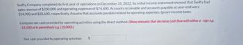 Swifty Company completed its first year of operations on December 31, 2022. Its initial income statement showed that Swifty had
sales revenue of $200,000 and operating expenses of $74,400. Accounts receivable and accounts payable at year-end were
$54,900 and $28,600, respectively. Assume that accounts payable related to operating expenses. Ignore income taxes.
Compute net cash provided by operating activities using the direct method. (Show amounts that decrease cash flow with either a-sign e.g.
-15,000 or in parenthesis e.g. (15,000).)
Net cash provided by operating activities $