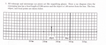 1. All telescope and microscope eye pieces act like magnifying glasses. Draw a ray diagram when the
converging lens has a focal length of 2.00 meters and the object is 1.40 meters from the lens. The lens,
object, and focal points are shown below.
1.0 m
2.0 m
object
3.0 m
lens
4.0 m
5.0 m