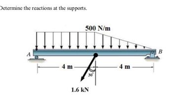 Determine the reactions at the supports.
4 m
500 N/m
30
1.6 kN
4 m
B