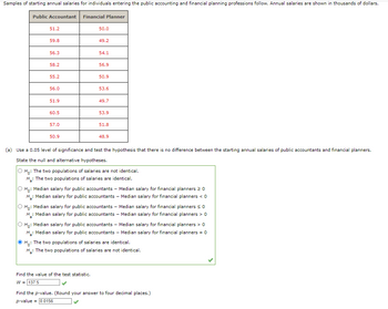 Samples of starting annual salaries for individuals entering the public accounting and financial planning professions follow. Annual salaries are shown in thousands of dollars.
Public Accountant
51.2
59.8
56.3
58.2
55.2
56.0
51.9
60.5
57.0
50.9
Financial Planner
50.0
49.2
54.1
56.9
Find the value of the test statistic.
W = 137.5
50.9
53.6
49.7
53.9
51.8
48.9
(a) Use a 0.05 level of significance and test the hypothesis that there is no difference between the starting annual salaries of public accountants and financial planners.
State the null and alternative hypotheses.
O Ho: The two populations of salaries are not identical.
H₂: The two populations of salaries are identical.
O Ho: Median salary for public accountants - Median salary for financial planners 20
H₂: Median salary for public accountants - Median salary for financial planners < 0
O Ho: Median salary for public accountants - Median salary for financial planners ≤ 0
H₂: Median salary for public accountants - Median salary for financial planners > 0
O Ho: Median salary for public accountants - Median salary for financial planners > 0
H₂: Median salary for public accountants - Median salary for financial planners = 0
ⒸH: The two populations of salaries are identical.
H₂: The two populations of salaries are not identical.
Find the p-value. (Round your answer to four decimal places.)
p-value = 0.0156