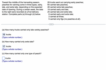 Toward the middle of the harvesting season,
peaches for canning come in three types, early,
late, and extra late, depending on the expected
date of ripening. During a certain week, the data
to the right were recorded at a fruit delivery
station. Complete parts (a) through (d) below.
18 trucks
(Type a whole number.)
(b) How many carried only extra late?
17 trucks
(Type a whole number.)
(c) How many carried only one type of peach?
28 trucks went out carrying early peaches;
60 carried late peaches;
(a) How many trucks carried only late variety peaches?
trucks
(Type a whole number.)
46 carried extra late peaches;
19 carried early and late;
25 carried late and extra late;
6 carried early and extra late;
2 carried all three;
5 carried only figs (no peaches at all).