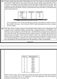 Q2. A large company buys thousands of light bulbs every year. The company is currently considering
three brands of light bulbs to choose from. Before the company decides which light bulbs to buy,
it wants to investigate if the mean lifetimes of the three types of light bulbs are the same. The
company's research department randomly selected a few bulbs of each type and tested them. The
following table lists the number of hours (in thousands) that each of the bulbs in each brand lasted
before being burned out.
Brand III
Brand I
20
24
Brand II
22
23
23
24
18
21
20
22
25
At 5% significance level, test the null hypothesis that the mean lifetime of bulbs for each of
three brands is the same. Also Construct ANOVA table mentioning all necessary columns
for this example.
Q3. The Mum Water Company produces and distributes Mum bottled water in Bangladesh. The
company wants to determine whether customers have a higher preference for its bottled water
than for its main competitor, Fresh bottled water. The Mum Water Company hired a statistician
to conduct this study. The statistician selected a random sample of 10 people and asked each of
them to taste one sample of each of the two brands of water. The customers did not know the
brand of each water sample. Also, the order in which each person tasted the two brands of water
was determined randomly. Each person was asked to indicate which of the two samples of water
he or she preferred. The following table shows the preferences of these 10 individuals.
Page 1 of 2
Person
Brand Preferred
Mum
Mum
3
Mum
4
Mum
5
Mum
Fresh
7
Mum
Neither
Mum
8
9
10
Mum
Based on these results, can the statistician conclude that people prefer the Mum brand of bottled
water over the Fresh? Test at 5% significance level with appropriate null and alternative
hypotheses mentioning all six necessary steps.
