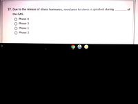 37. Due to the release of stress hormones, resistance to stress is greatest during
of
the GAS.
Phase 4
Phase 3
Phase 1
Phase 2
