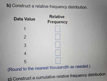 b) Construct a relative frequency distribution.
Relative
Frequency
Data Value
1
2
3
4
5
(Round to the nearest thousandth as needed.)
c) Construct a cumulative relative frequency distribution.