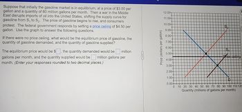 Suppose that initially the gasoline market is in equilibrium, at a price of $3.00 per
gallon and a quantity of 80 million gallons per month. Then a war in the Middle
East disrupts imports of oil into the United States, shifting the supply curve for
gasoline from S, to S₂. The price of gasoline begins to rise, and consumers
protest. The federal government responds by setting a price ceiling of $4.50 per
gallon. Use the graph to answer the following questions.
If there were no price ceiling, what would be the equilibrium price of gasoline, the
quantity of gasoline demanded, and the quantity of gasoline supplied?
million
The equilibrium price would be $, the quantity demanded would be
gallons per month, and the quantity supplied would be million gallons per
month. (Enter your responses rounded to two decimal places.)
C
Price (dollars per gallon)
12.00-
11.00-
10.00-
9.00-
8.00-
7.00-
6.00
5.00
4.00-
3.00-
2.00-
S₂
S
ce ceiling
C
1.00-
0.00-
0 10 20 30 40 50 60 70 80 90 100 110 120
Quantity (millions of gallons per month)