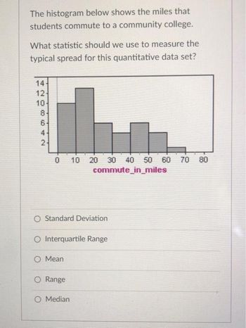 The histogram below shows the miles that
students commute to a community college.
What statistic should we use to measure the
typical spread for this quantitative data set?
14
12
10
8-
6
642
4.
2
0
O Standard Deviation
O Interquartile Range
O Mean
10 20 30 40 50 60 70 80
commute_in_miles
O Range
O Median
