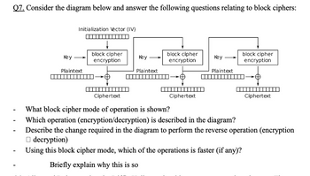 Q7. Consider the diagram below and answer the following questions relating to block ciphers:
Initialization Vector (IV)
Key →
Plaintext
▬▬▬▬▬▬▬▬▬▬▬▬▬▬▬
block cipher
encryption
A
‒‒‒‒‒‒‒
Key
block cipher
encryption
Plaintext
‒‒‒‒‒‒‒‒‒‒‒‒‒
Key →
Ciphertext
Plaintext
block cipher
encryption
☺
‒‒‒‒‒‒‒
Ciphertext
What block cipher mode of operation is shown?
Which operation (encryption/decryption) is described in the diagram?
Describe the change required in the diagram to perform the reverse operation (encryption
decryption)
Using this block cipher mode, which of the operations is faster (if any)?
Briefly explain why this is so
Ciphertext