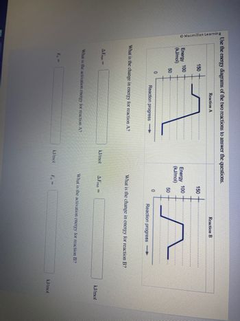 Use the energy diagrams of the two reactions to answer the questions.
Macmillan Learning
150
Energy 100
(kJ/mol)
AErxn=
50
E₁ =
0
Reaction A
What is the change in energy for reaction A?
Reaction progress-
What is the activation energy for reaction A?
kJ/mol
kJ/mol
150
Energy 100
(kJ/mol)
50
0
E₁ =
AErxn =
Reaction B
What is the change in energy for reaction B?
Reaction progress-
What is the activation energy for reaction B?
kJ/mol
kJ/mol