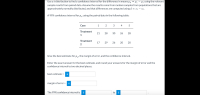 Use a t-distribution to find a confidence interval for the difference in means µa = H1 – H2 using the relevant
sample results from paired data. Assume the results come from random samples from populations that are
approximately normally distributed, and that differences are computed using d = x1 – x2.
A 99% confidence interval for u a using the paired data in the following table:
Case
1
2
3
4
Treatment
21
28
30
26
28
1
Treatment
17
29
26
20
20
2
Give the best estimate for ua, the margin of error, and the confidence interval.
Enter the exact answer for the best estimate, and round your answers for the margin of error and the
confidence interval to two decimal places.
best estimate =
i
margin of error =
i
The 99% confidence interval is
i
to
i
