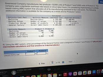 Greenwood Company manufactures two products-13,000 units of Product Y and 5,000 units of Product Z. The
company uses a plantwide overhead rate based on direct labor-hours. It is considering implementing an activity-
based costing (ABC) system that allocates all of its manufacturing overhead to four cost pools. The following
additional information is available for the company as a whole and for Products Y and Z:
Activity Cost Pool
Machining
Machine setups
Production design
General factory
Activity Measure
Machining
DESKTOP-
Windows
Number of setups
Number of products
Direct labor-hours
General factory cost
Activity Measure
Machine-hours
Number of setups
Number of products
Direct labor-hours
Product Y
+1 (252) 484-2153
Oh nun
Product Y Product Z
8,800
3,200
40
240
1
1
8,800
3,200
%
15. Using the ABC system, what percentage of the General Factory cost is assigned to Product Y and Product Z? (Round your
intermediate calculations and final answers to 2 decimal places.)
Product Z
< Prev
2/7/23
11
Estimated
Overhead Cost
$ 249,600
$ 162,400
$ 92,000
$ 309,600
%
A
L
S
15
of 15
iMessage
tv
Expected Activity
12,000 MHS
H
280 setups
2 products
12,000 DLHS
Next >
(@
2
0
Chec
Å
