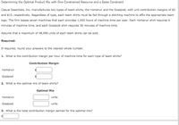 Determining the Optimal Product Mix with One Constrained Resource and a Sales Constraint
Casual Essentials, Inc. manufactures two types of team shirts, the Homerun and the Goalpost, with unit contribution margins of $5
and $15, respectively. Regardless of type, each team shirts must be fed through a stitching machine to affix the appropriate team
logo. The firm leases seven machines that each provides 1,000 hours of machine time per year. Each Homerun shirt requires 6
minutes of machine time, and each Goalpost shirt requires 30 minutes of machine time.
Assume that a maximum of 48,990 units of each team shirts can be sold.
Required:
If required, round your answers to the nearest whole number.
1. What is the contribution margin per hour of machine time for each type of team shirts?
Contribution Margin
Homerun
Goalpost
2. What is the optimal mix of team shirts?
Optimal Mix
Homerun
units
Goalpost
units
3. What is the total contribution margin earned for the optimal mix?
