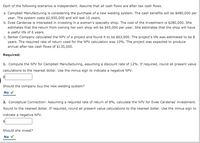 Each of the following scenarios is independent. Assume that all cash flows are after-tax cash flows.
a. Campbell Manufacturing is considering the purchase of a new welding system. The cash benefits will be $480,000 per
year. The system costs $2,950,000 and will last 10 years.
b. Evee Cardenas is interested in investing in a women's specialty shop. The cost of the investment is $280,000. She
estimates that the return from owning her own shop will be $45,000 per year. She estimates that the shop will have
a useful life of 6 years.
c. Barker Company calculated the NPV of a project and found it to be $63,900. The project's life was estimated to be 8
years. The required rate of return used for the NPV calculation was 10%. The project was expected to produce
annual after-tax cash flows of $135,000.
Required:
1. Compute the NPV for Campbell Manufacturing, assuming a discount rate of 12%. If required, round all present value
calculations to the nearest dollar. Use the minus sign to indicate a negative NPV.
Should the company buy the new welding system?
No v
2. Conceptual Connection: Assuming a required rate of return of 8%, calculate the NPV for Evee Cardenas' investment.
Round to the nearest dollar. If required, round all present value calculations to the nearest dollar. Use the minus sign to
indicate a negative NPV.
Should she invest?
No v
